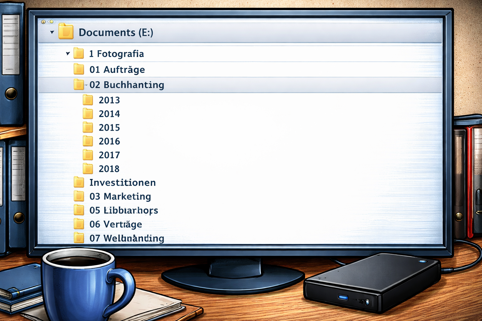 Bild: GoBD_Ordnerstruktur auf dem Desktop und Speicherung auf einer Festplatte