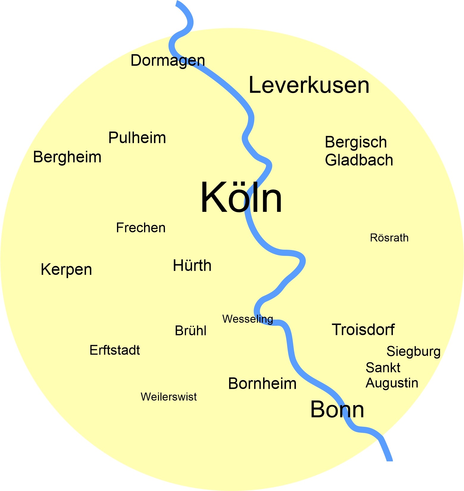 Köln, Bonn, Leverkusen, Bergisch Gladbach, Rösrath, Troisdorf, Siegburg, Sankt Augustin, Bornheim, Wesseling, Brühl, Weilerswist, Erftstadt, Hürth, Kerpen, Frechen, Bergheim, Pulheim, Dormagen